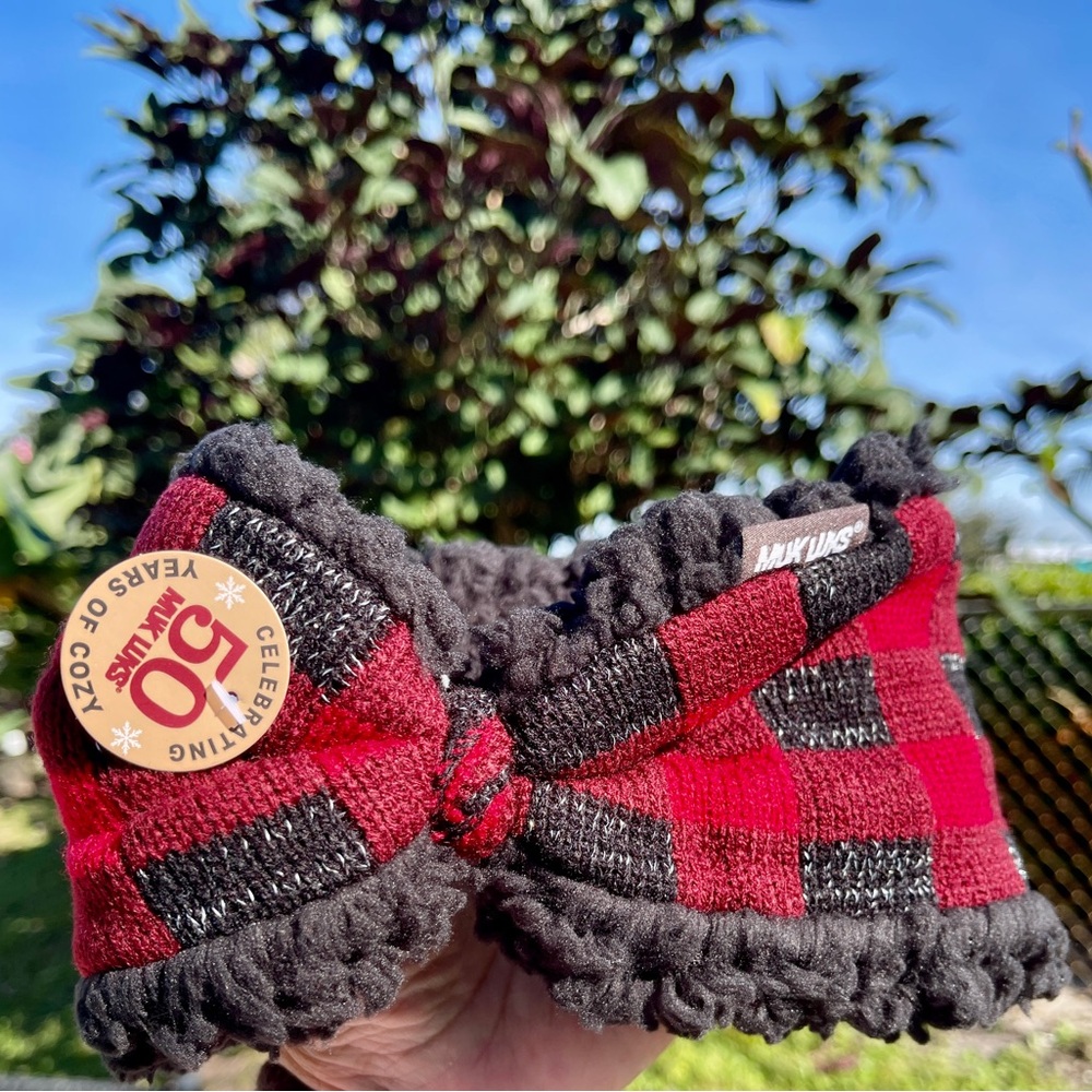 MUK LUKS Buffalo Plaid Reversible Headband in Dark Red/Black with Faux Fur - Picture 11 of 16